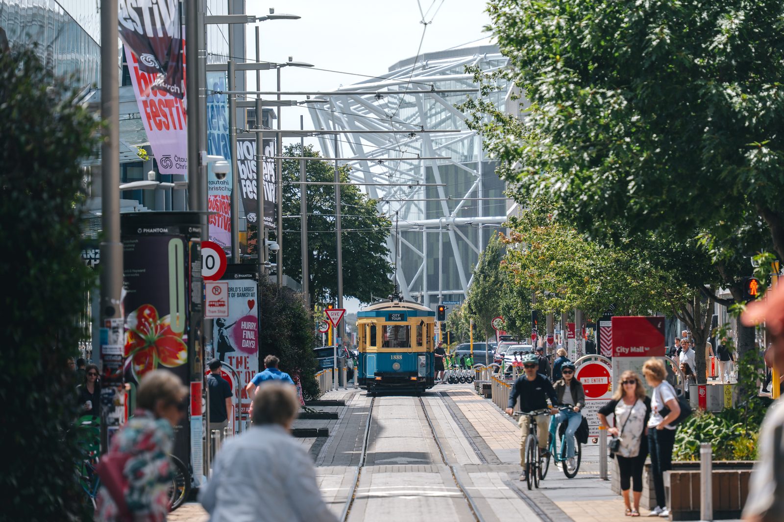 Christchurch city street with One NZ Stadium